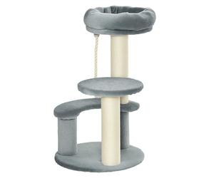 PawHut Árbol Rascador para Gato Ø40x65 cm Torre para Gatos con 3 Niveles Cuerda Colgante Plataformas en Felpa y Postes con Cuerda de Sisal Natural y Gris