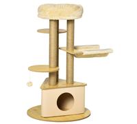 PawHut Árbol Rascador para Gatos Ø60x99 cm con Cueva Triangular de Fieltro Extraíble Hamaca Cama Lavable Postes Rascador de Yute Plataformas y Bola Colgante Beige y Natural