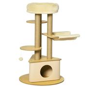 Pawhut Árbol Rascador para Gatos Ø60x99 cm con Cueva Triangular de Fieltro Extraíble Hamaca Cama Lavable Postes Rascador de Yute Plataformas y Bola Colgante Beige y Natural