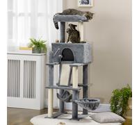 PawHut Árbol Rascador para Gatos Adultos y Gatitos con Postes de Sisal, Casita, Cama y Hamaca de Peluche, 48x48x140cm