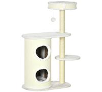 PawHut Árbol rascador para gatos alto 100 cm con poste rascador en sisal, cesta y casita de 2 niveles, Crema