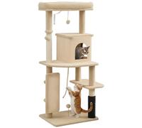 PawHut Árbol Rascador para Gatos Altura 132 cm Árbol Torre para Gatos con Plataformas Poste con Cepillo Bolas Colgantes y Almohadilla para Rascar Beige