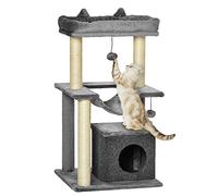 PawHut Árbol Rascador para Gatos Altura 90 cm Árbol Torre para Gatos de 3 Niveles con Nido Hamaca Plataforma Bolas Colgantes y Poste de Sisal 48x48x90 cm Gris