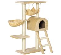 PawHut Árbol rascador para gatos, altura 98 cm, multinivel, estable, centro de juegos con nicho, escalera y plataforma. Forma de plato, hamaca y cesta colgante, beige