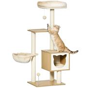 PawHut Árbol Rascador para Gatos, Árbol para Gatos 126 cm, Torre Escalador con Plataformas, Hamaca, Cueva, Cama, Postes de Sisal, Bolas y Cojines Lavables, Beige
