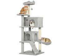 PawHut Árbol Rascador para Gatos, Árbol para Gatos 140 cm, Torre Escalador con Múltiples Plataformas, Cama, 2 Cuevas, Hamaca, Escalera, Postes de Sisal, Bolas para Jugar, Gris Claro