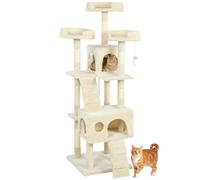 PawHut Árbol Rascador para Gatos, Árbol para Gatos 153 cm, Torre Escalador con 2 Cuevas, 3 Camas, 2 Rampas, Postes de Sisal, 2 Ratones Colgantes, Crema