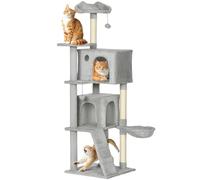 PawHut Árbol Rascador para Gatos, Árbol para Gatos 160 cm, Torre Escalador con Múltiples Plataformas, Cama, 2 Cuevas, Hamaca, Escalera, Postes de Sisal, Bolas para Jugar, Gris Claro