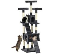 PawHut Árbol Rascador para Gatos, Árbol para Gatos 173 cm, Torre Escalador con 2 Cuevas, 3 Camas, 2 Rampas, Postes de Sisal, 2 Ratones Colgantes, Gris Oscuro