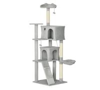 PawHut Árbol Rascador para Gatos, Árbol para Gatos 180 cm, Torre Escalador con Múltiples Plataformas, Cama, 2 Cuevas, Hamaca, Escalera, Postes de Sisal, Bolas para Jugar, Gris Claro