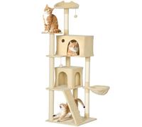 PawHut Árbol Rascador para Gatos, Árbol para Gatos 180 cm, Torre Escalador con Múltiples Plataformas, Cama, 2 Cuevas, Hamaca, Escalera, Postes de Sisal, Bolas para Jugar, Beige