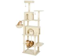PawHut Árbol Rascador para Gatos, Árbol para Gatos 202 cm, Torre Escalador con Plataformas, 2 Hamacas, 2 Cuevas, 6 Postes de Sisal, 3 Bolas y Cuerda para Jugar, Beige