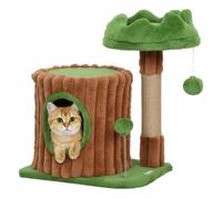 PawHut Árbol Rascador para Gatos, Árbol para Gatos 53 cm, Diseño de Tronco, Torre Escalador con Casita, Cama, Poste de Yute, Bolas Colgantes, Marrón y Verde