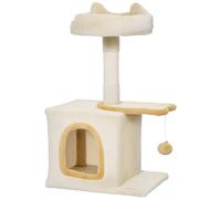 PawHut Árbol rascador para gatos con posadero y caseta, en madera, peluche y sisal, 40x30x72 cm, Beige y Amarillo Aosom España