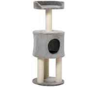 PawHut Árbol rascador para gatos con sisal natural, altura 103 cm, cueva y plataforma de peluche en gris