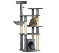 PawHut Torre para Gatos Grande de 144 cm con Postes para Rascar Cama Cueva Plataformas y Bolas Colgantes 49x49x144 cm Gris
