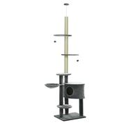 PawHut Árbol Rascador para Gatos de 220-265 cm Altura Ajustable al Techo con Plataformas Bolas de Juego Poste de Sisal Natural Gris Oscuro