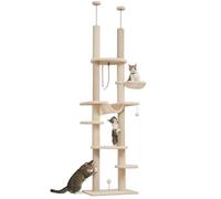 PawHut Árbol Rascador para Gatos de 7 Niveles con Hamacas y Plataformas - Torre para Gatos de Suelo a Techo 225-255 cm - Juguete de Cuerda y Bola de Juguete Beige y Gris