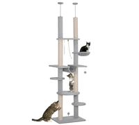 PawHut Árbol Rascador para Gatos de 7 Niveles con Hamacas y Plataformas - Torre para Gatos de Suelo a Techo 225-255 cm - Juguete de Cuerda y Bola de Juguete Gris