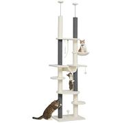 PawHut Árbol Rascador para Gatos de 7 Niveles con Hamacas y Plataformas - Torre para Gatos de Suelo a Techo 225-255 cm - Juguete de Cuerda y Bola de Juguete Crema y Gris