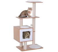 PawHut Árbol Rascador para Gatos de Madera 71,5x49,5x120 cm Torre con Cueva Plataformas Cojines de Felpa Bolas Colgantes Natural Aosom España