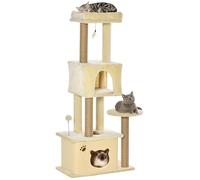 PawHut Árbol Rascador para Gatos Grande 60x34x136 cm Árbol para Gatos con Plataformas Cuevas de Felpa Desmontable Postes de Yute y Bola Colgante Beige