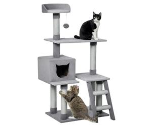 PawHut Árbol Rascador para Gatos Grande Altura 124 cm Torre de Escalada con Plataformas Escalera Cueva Postes de Yute y Bola Colgante Juego y Descanso 60,5x40x124 cm Gris
