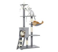 PawHut Árbol Rascador para Gatos Grande, Árbol para Gatos, Altura 134 cm, Torre de Escalada con 6 Postes de Sisal, 3 Plataformas, 1 Cueva, 1 Hamaca, 1 Escalera, 4 Juguetes Colgantes, Gris