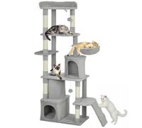 PawHut Árbol Rascador para Gatos Grande, Árbol para Gatos, Altura 170 cm, Torre de Escalada con 7 Postes, 1 Túnel, 3 Plataformas, 2 Cuevas, 1 Hamaca, 1 Percha, 1 Rampa, Pompones, Gris Claro