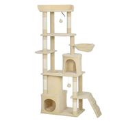 PawHut Árbol Rascador para Gatos Grande, Árbol para Gatos, Altura 170 cm, Torre de Escalada con 7 Postes, 1 Túnel, 3 Plataformas, 2 Cuevas, 1 Hamaca, 1 Percha, 1 Rampa, Pompones, Beige