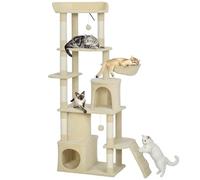 PawHut Árbol Rascador para Gatos Grande, Árbol para Gatos, Altura 170 cm, Torre de Escalada con 7 Postes, 1 Túnel, 3 Plataformas, 2 Cuevas, 1 Hamaca, 1 Percha, 1 Rampa, Pompones, Beige