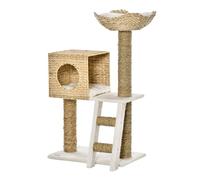 PawHut Árbol Rascador para Gatos Medianos Altura 100,5 cm Torre para Gatos con Cama Superior y Cueva de Totora 2 Cojines 2 Postes Escalera 57x37x100,5 cm Natural