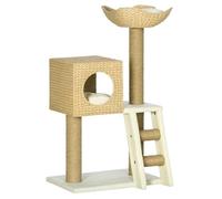 PawHut Árbol Rascador para Gatos Medianos Altura 100,5 cm Torre para Gatos con Cama Superior y Cueva de Totora 2 Cojines 2 Postes Escalera 57x37x100,5 cm Natural