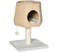 PawHut Árbol Rascador para Gatos Pequeño Altura 66 cm Torre Escalador de Gato con Cueva de Juncos Cama Superior Cojines Poste Rascador de Sisal y Bola Colgante Crema y Natural