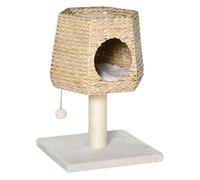 PawHut Árbol Rascador para Gatos Pequeño Altura 66 cm Torre Escalador de Gato con Cueva de Juncos Cama Superior Cojines Poste Rascador de Sisal y Bola Colgante Crema y Natural