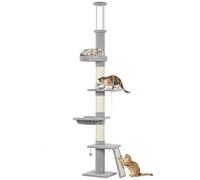 PawHut Árbol rascador Suelo-Techo 230-260 cm, 3 Barras, Gris Claro | Torre para gatos de 5 niveles, cama, hamaca y postes rascadores de sisal