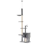 PawHut Árbol Rascador para Gatos Rascador para Fijar al Techo Altura Ajustable 238-270 cm con Hamaca Cueva Rampa Bola de Juego Gris Claro AOSOM ES