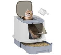 PawHut Arenero Cerrado para Gatos con Entrada Frontal Salida Superior Bandeja Extraíble y Pala 40,5x52,5x42,5 cm Blanco y Gris