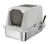 PawHut Arenero cerrado para gatos en acero inoxidable con tapa, 2 entradas, pala, bolsita desodorizante, gris claro