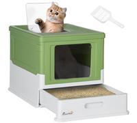 PawHut Arenero para Gatos, Caja de Arena para Gatos Plegable, con Bandeja Extraíble, Tapa, Pala, Fácil de Limpiar, Control de Olores, Antichapotones, para Raza Pequeña Mediana, Verde Aguacate y Blanco