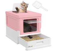 PawHut Arenero para Gatos, Caja de Arena para Gatos Plegable, con Bandeja Extraíble, Tapa, Pala, Fácil de Limpiar, Control de Olores, Antichapotones, para Raza Pequeña y Mediana, Rosa y Blanco