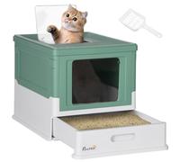 PawHut Arenero para Gatos, Caja de Arena para Gatos Plegable, con Entrada Frontal y Salida Superior, Pala Incluida, 47,5x35,5x36,7 cm, Verde y Blanco