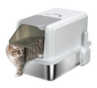 PawHut Arenero para gatos cerrado con bandeja de acero inoxidable, pala y bolsas filtrantes, arena para gatos de polipropileno, 40,5 x 60,5 x 41,5 cm, blanco y plateado