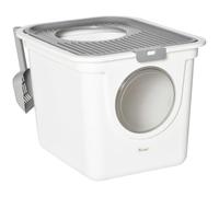 PawHut Arenero para Gatos con Pala 2 Puertas 44x55x39 cm Blanco y Gris | Inodoro para Mascotas, Entrada Principal y Salida Superior