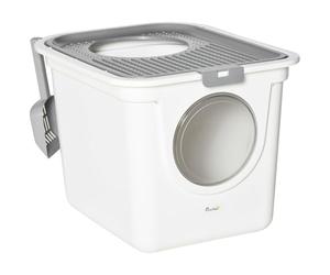 PawHut Arenero para Gatos con Pala Inodoro para Mascotas con 2 Puertas Entrada Principal y Salida Superior 44x55x39 cm Blanco y Gris