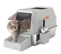 PawHut Arenero para Gatos Cubierto de Acero Caja de Arena para Gatos Arenero Cerrado para Gatos con Paso de Salida y Pala de Acero Gris Claro