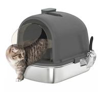 PawHut Arenero para Gatos Cubierto de Acero Inoxidable Pala Gris Oscuro | Caja de Arena para Gatos, Arenero con Bolsa Desodorizante, Control de Olores, Antiadherente y Fácil de Limpiar