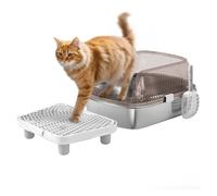 PawHut Arenero para Gatos Cubierto Extragrande Caja de Arena Cerrado con Bandeja de Acero Inoxidable Bordes Altos Pala Peldaño Zona para Caída de Arena sin Olor Fácil Limpieza Gris