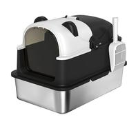 PawHut Arenero para Gatos Cubierto XL de Acero Inoxidable Pala Negro | Caja de Arena para Gatos Grandes con Tapa Abatible, Bolsa Desodorante, Diseño de Panda, Fácil de Limpiar, Antifugas, Sin Olor