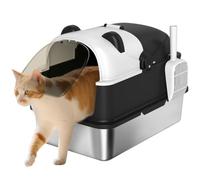 PawHut Arenero para Gatos Cubierto XL de Acero Inoxidable Pala Negro | Caja de Arena para Gatos Grandes con Tapa Abatible, Bolsa Desodorante, Diseño de Panda, Fácil de Limpiar, Antifugas, Sin Olor